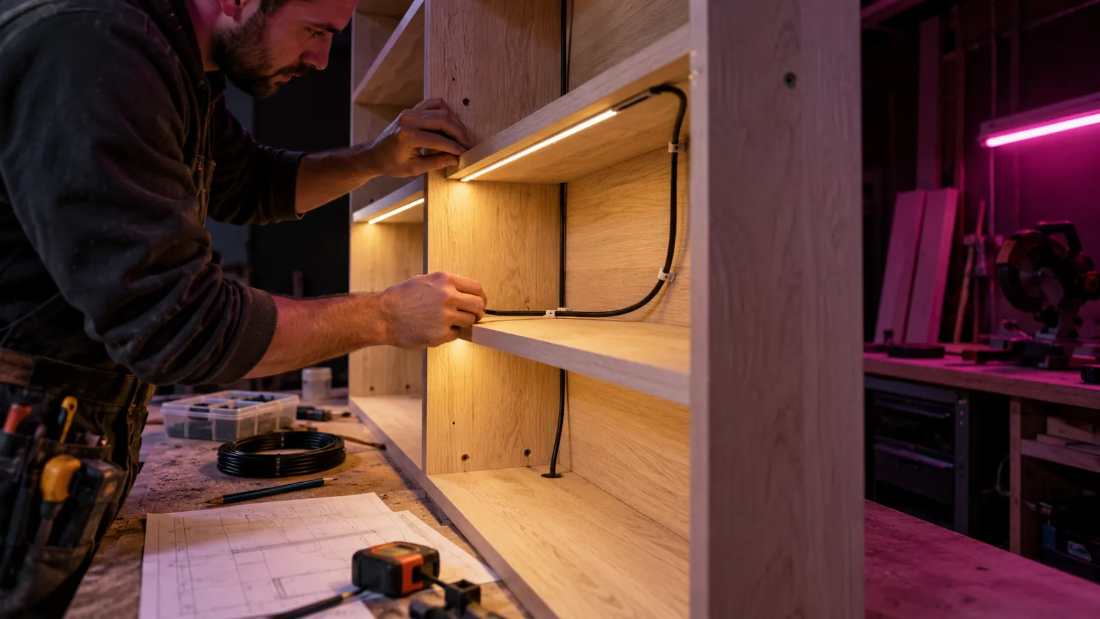 Electrician planning integrated bookcase lighting before installation