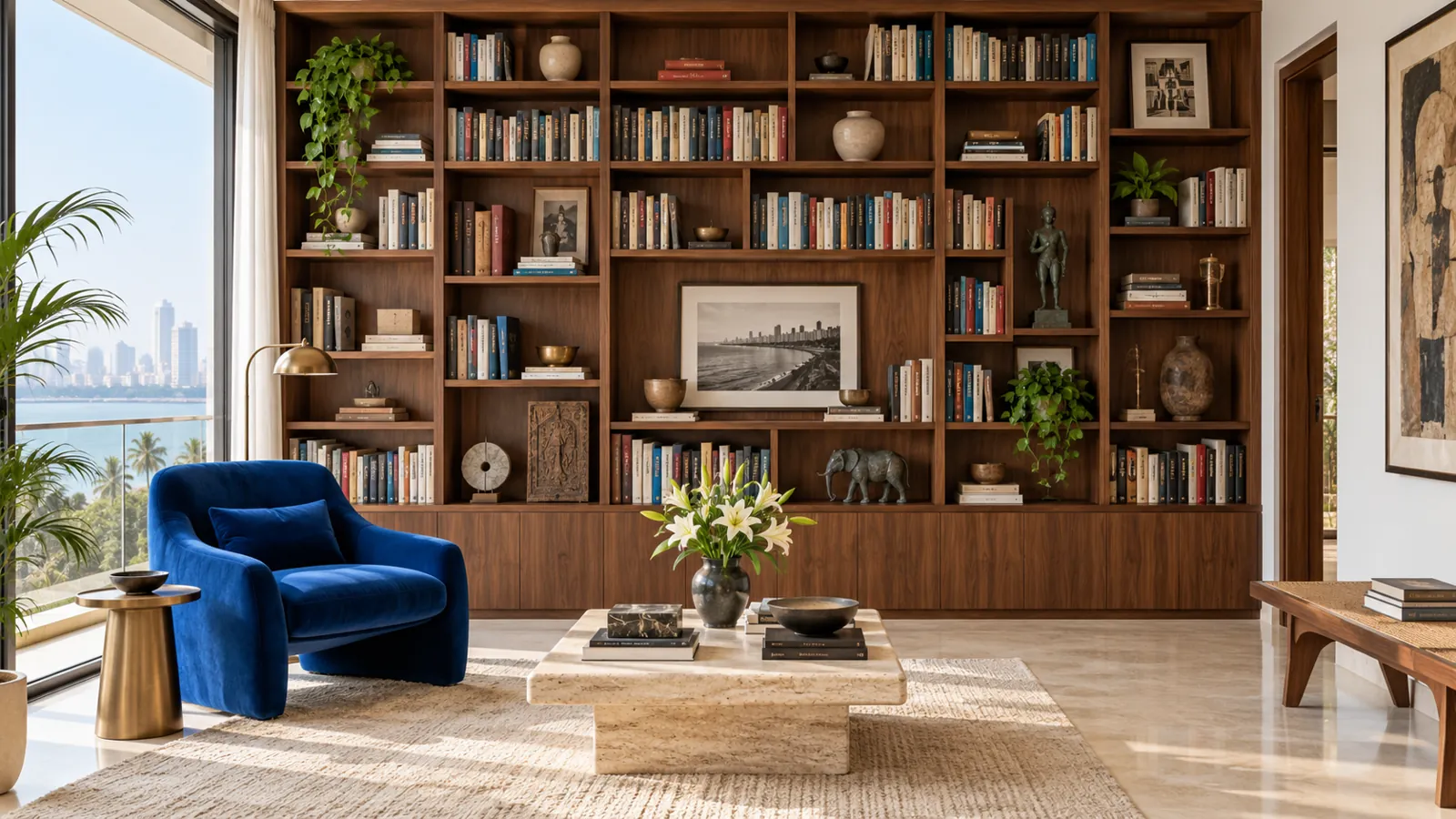 Floor-to-ceiling walnut bookcase in a bright Mumbai apartment library
