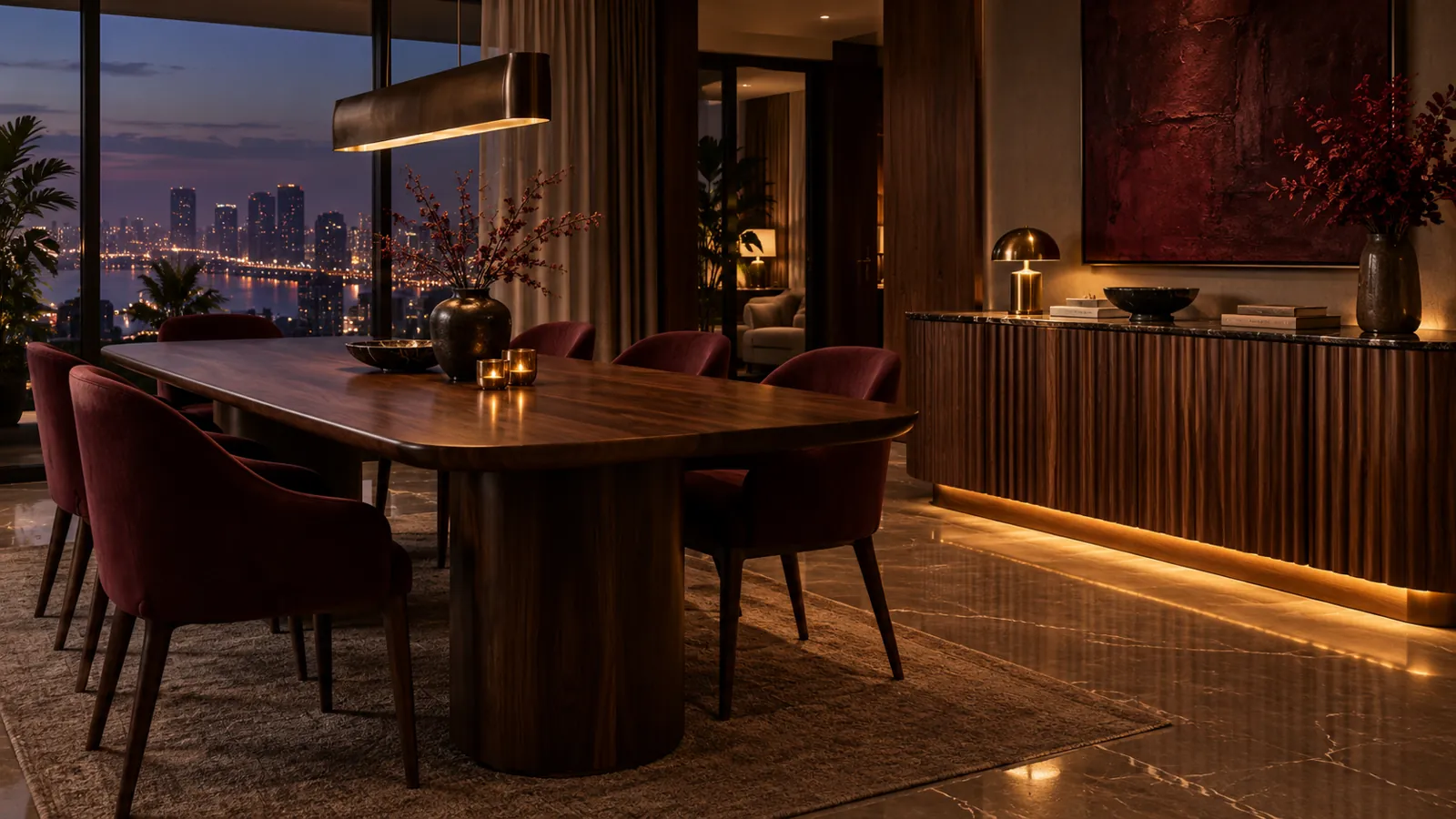 Fluted walnut custom sideboard in a moody Mumbai dining room