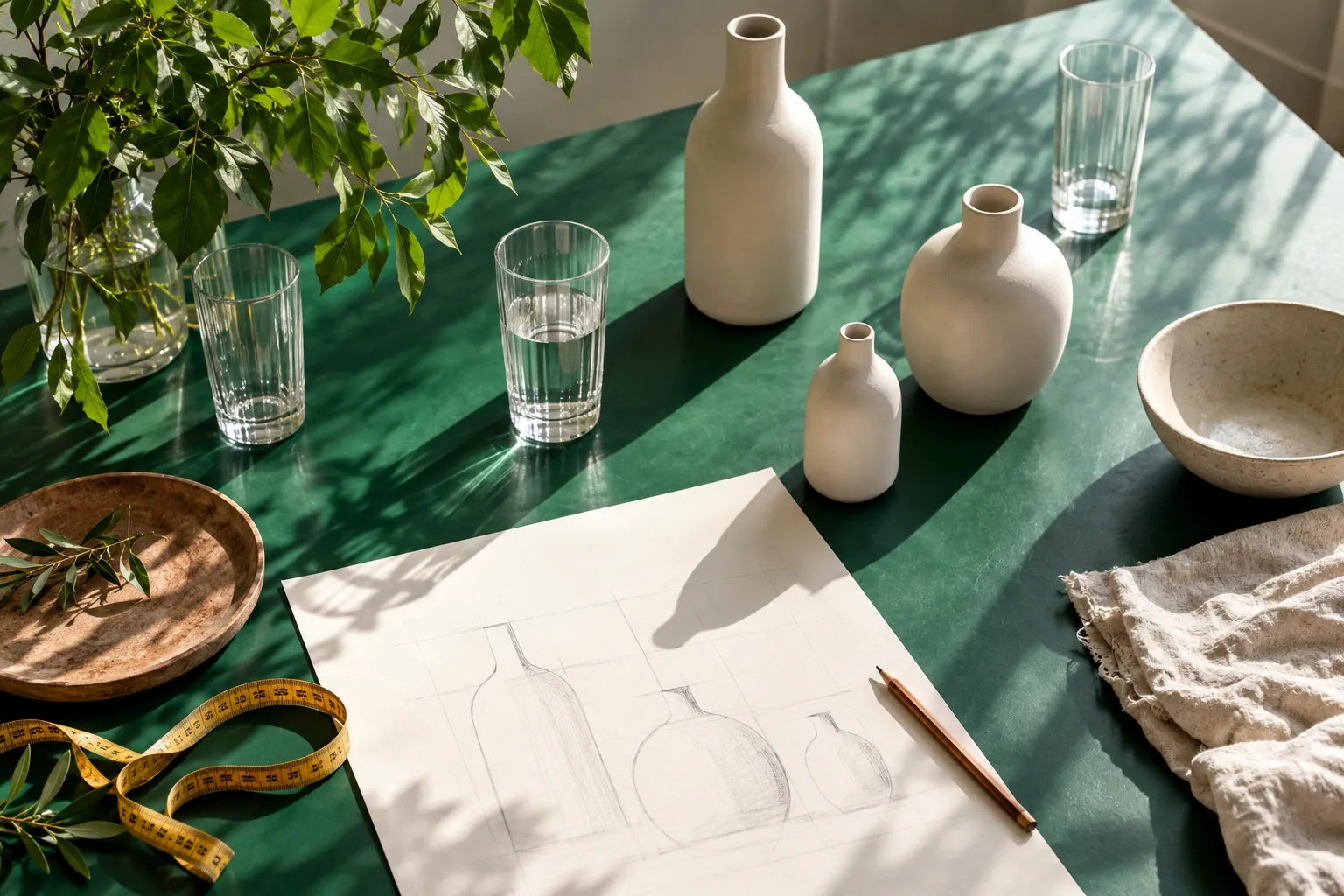 Glassware and measuring tools on a green planning workbench