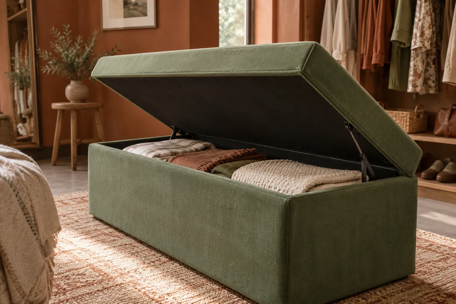 Green storage bench with raised lid and folded blankets inside