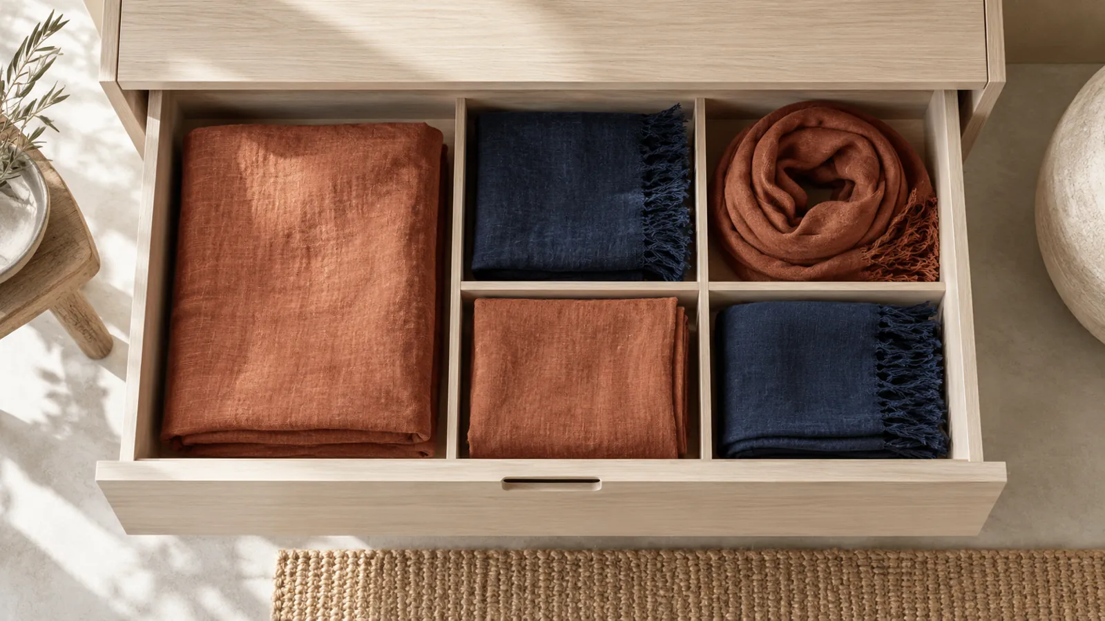 Illustrative divided timber drawer holding folded rust and navy textiles