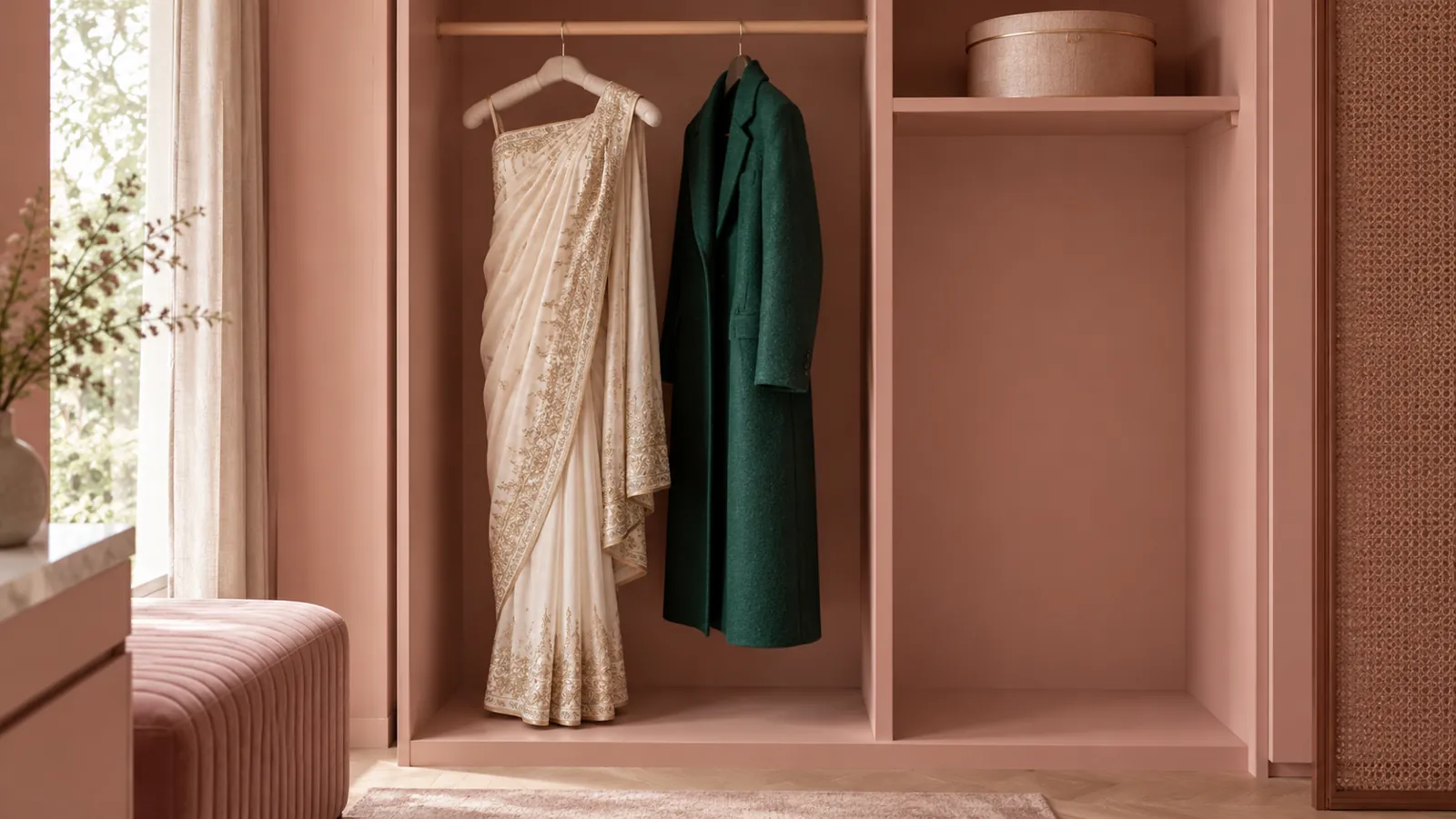 Illustrative long hanging garments in a blush wardrobe alcove