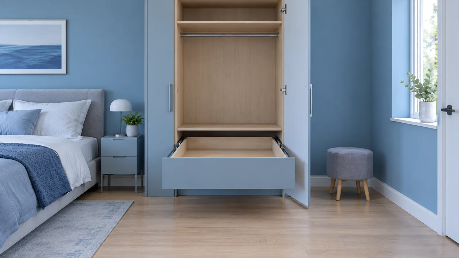 Illustrative open wardrobe and extended lower drawer in a cool blue bedroom