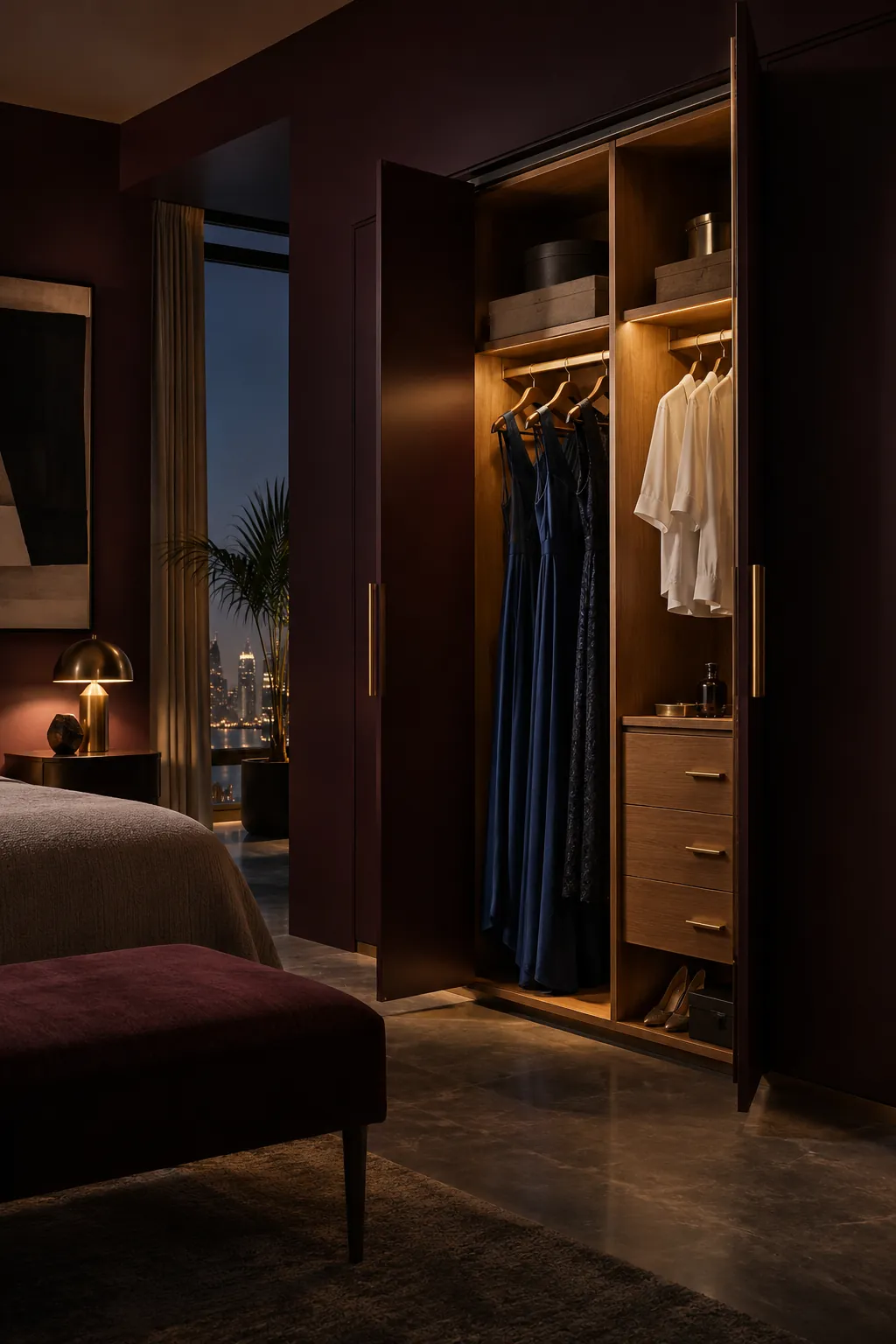 Illustrative open wardrobe with warm lighting in a dark bedroom
