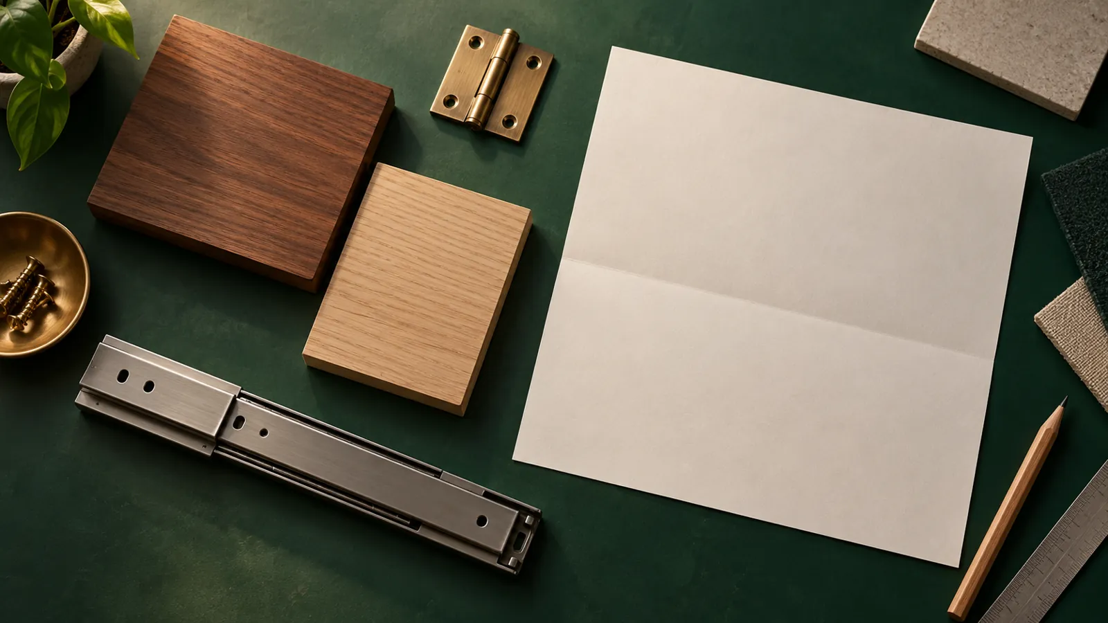 Illustrative wood samples, hinge and drawer runner on a green planning bench