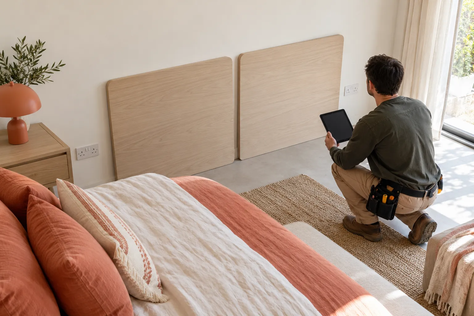 Installer reviewing pale wall panels beside a coral-toned bed.