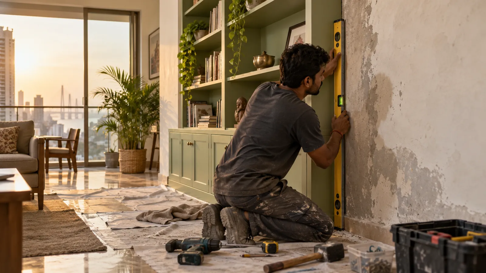 Joinery installer levelling a sage bookcase against an uneven wall