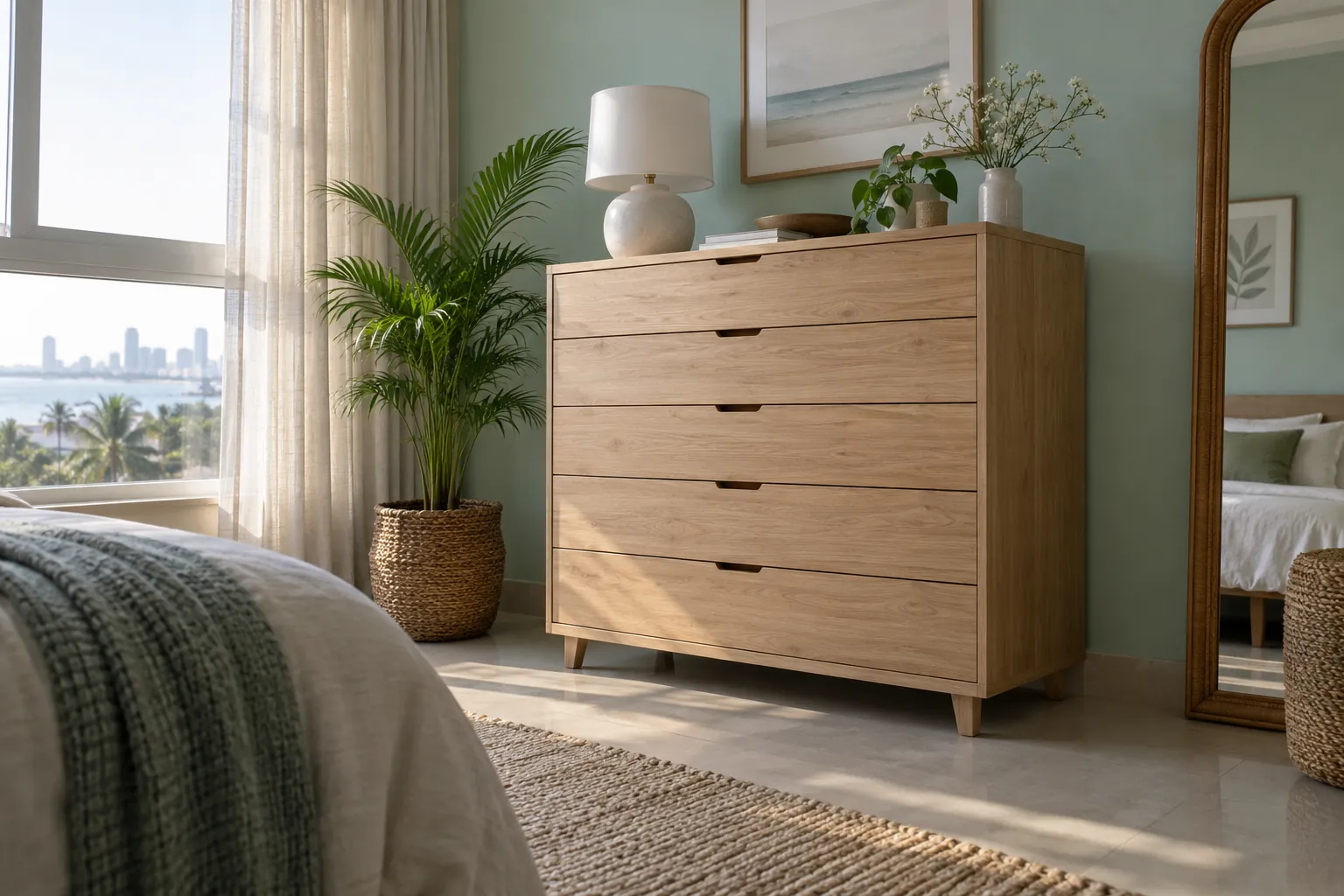 Light-wood chest of drawers in sunlit sage-green bedroom