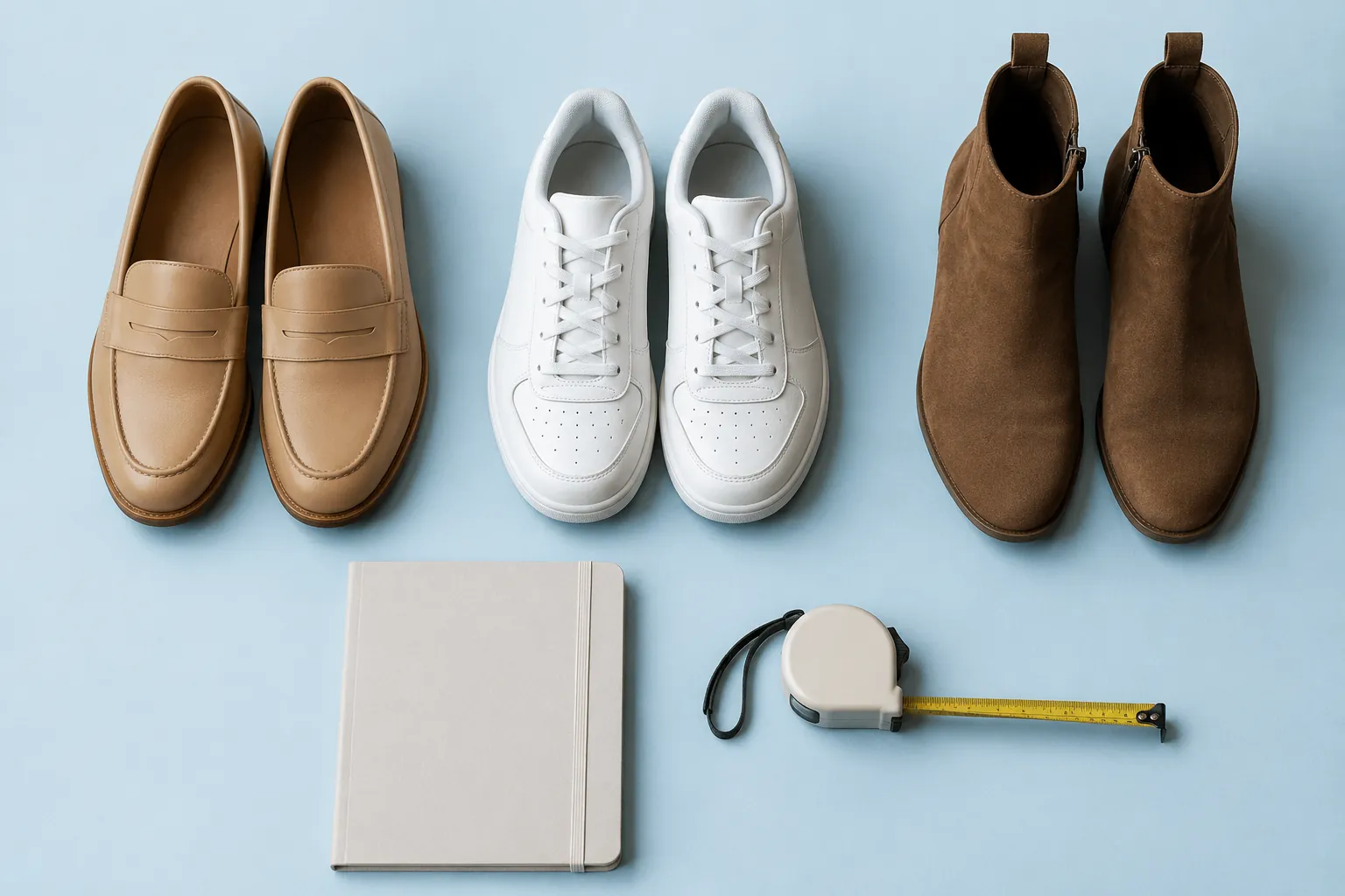 Loafers, trainers and ankle boots laid out on a pale blue surface with a tape measure