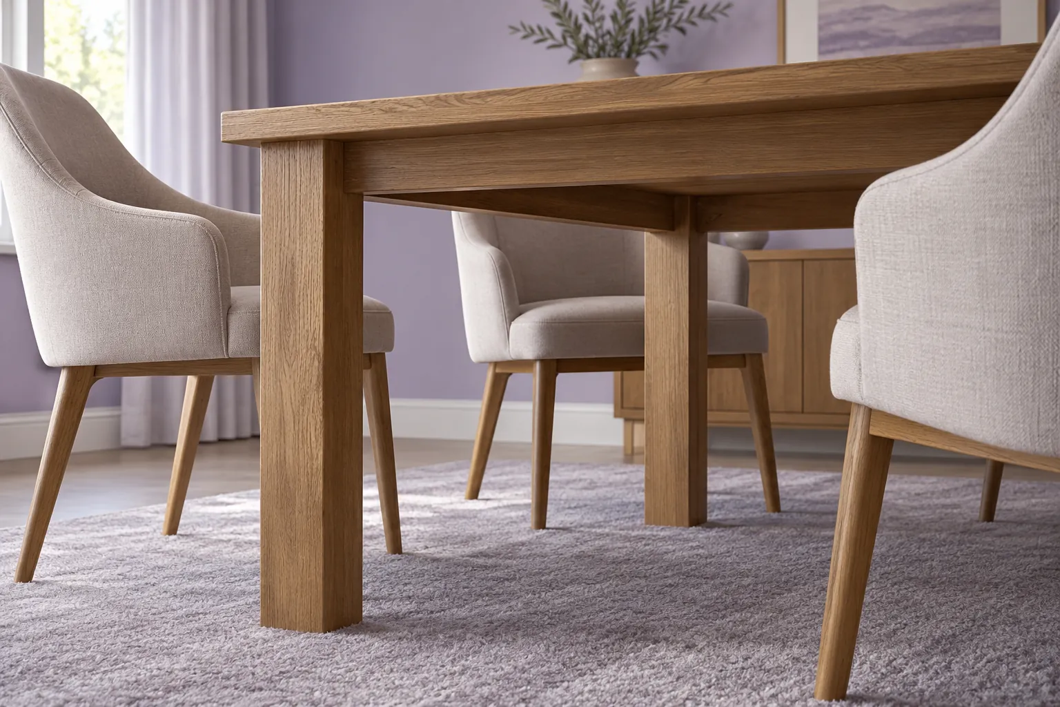 Low view beneath an oak table showing leg and chair-arm clearance