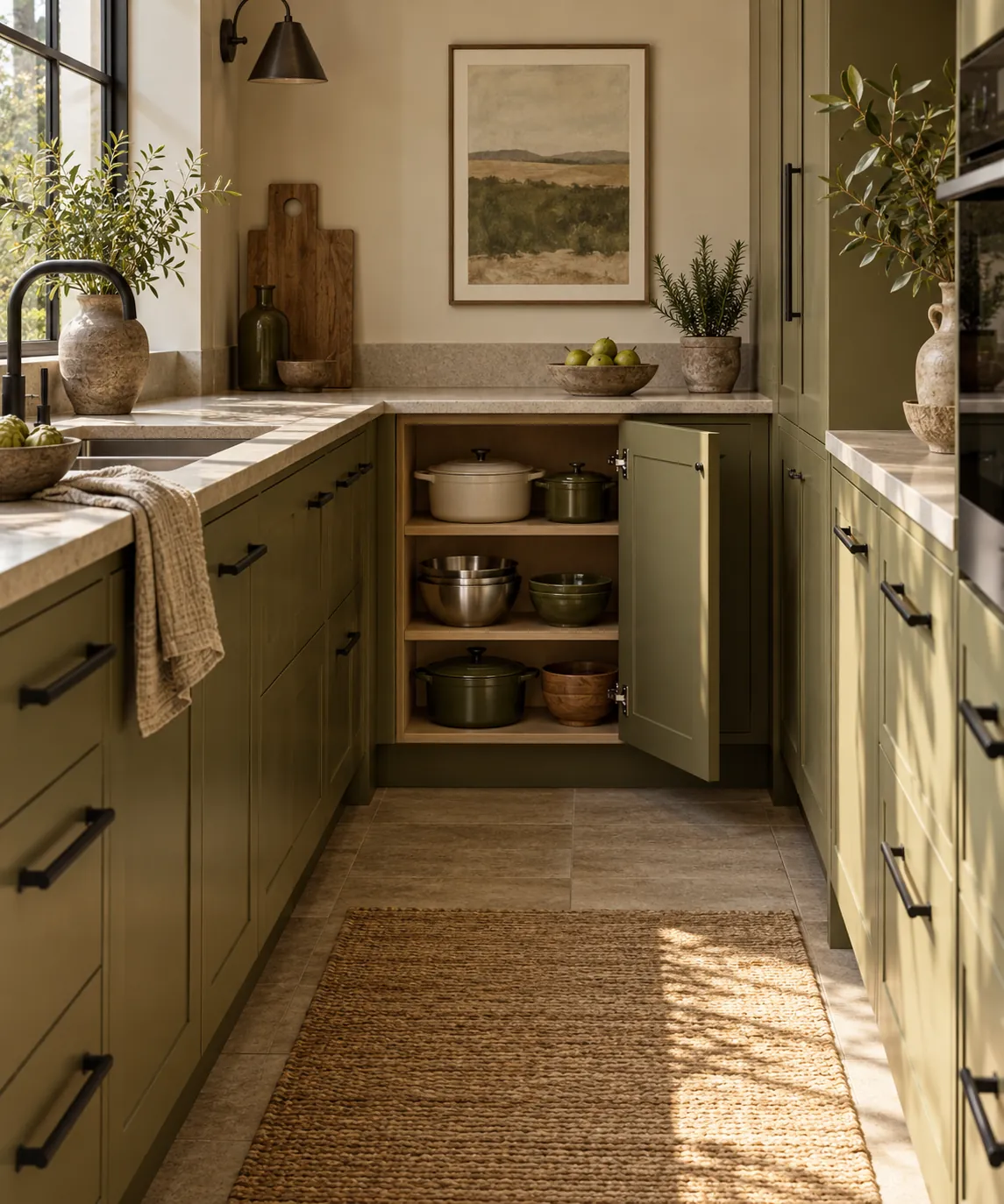 Olive galley kitchen with open cookware cabinet and woven runner
