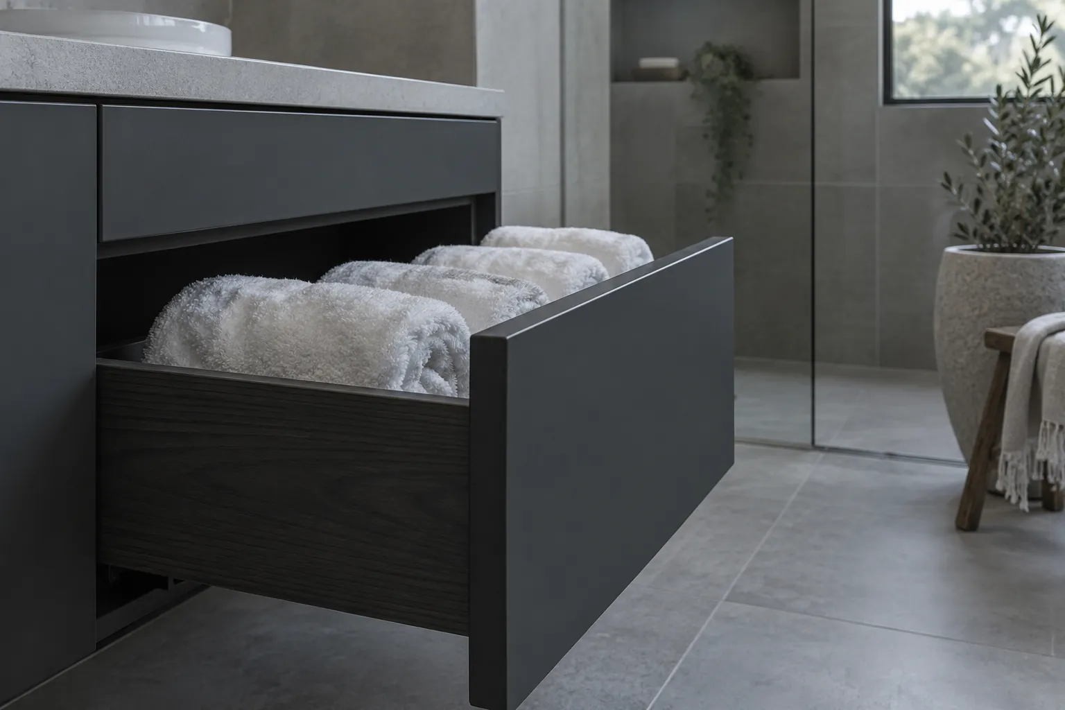 Open charcoal bathroom drawer containing rolled towels
