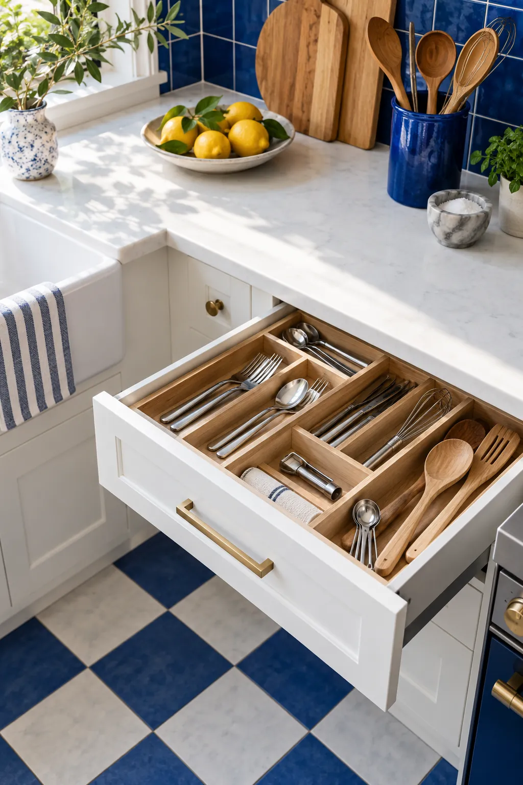 Open compartmentalised drawer with cutlery above blue-and-white flooring