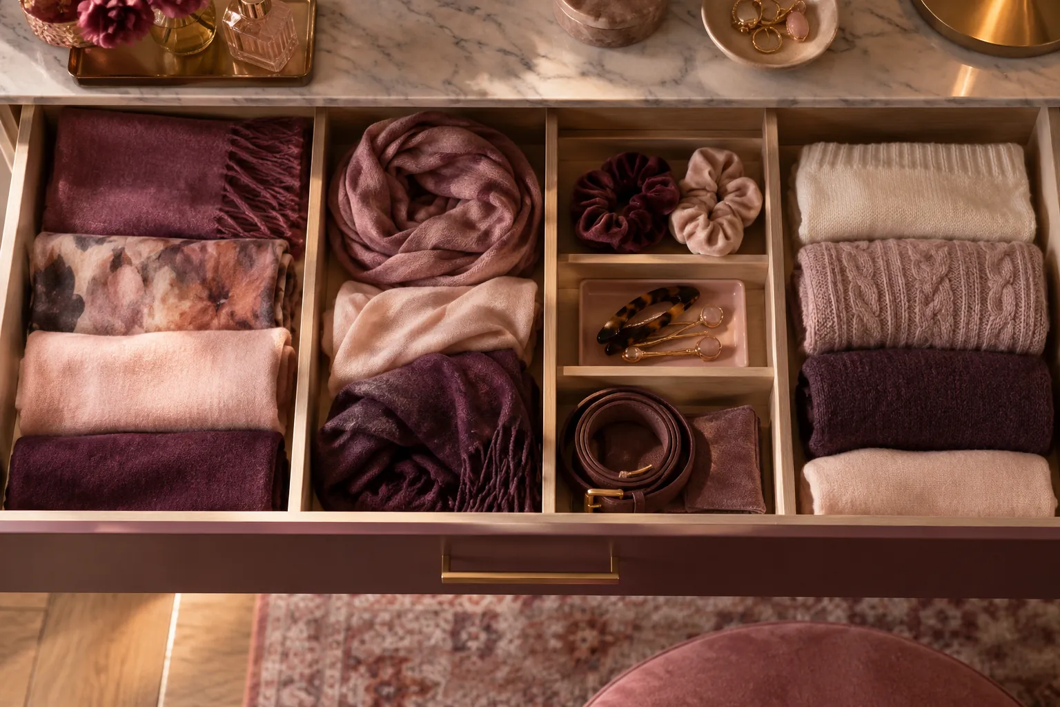 Open compartmentalised drawer with folded scarves and accessories