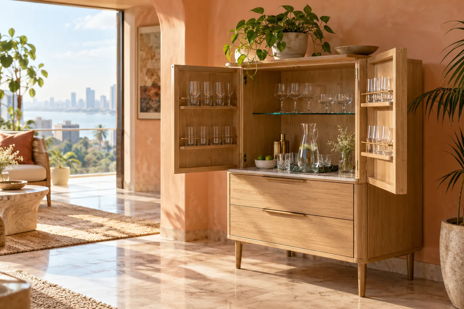Open pale oak bar cabinet with clear glassware in a sunny alcove