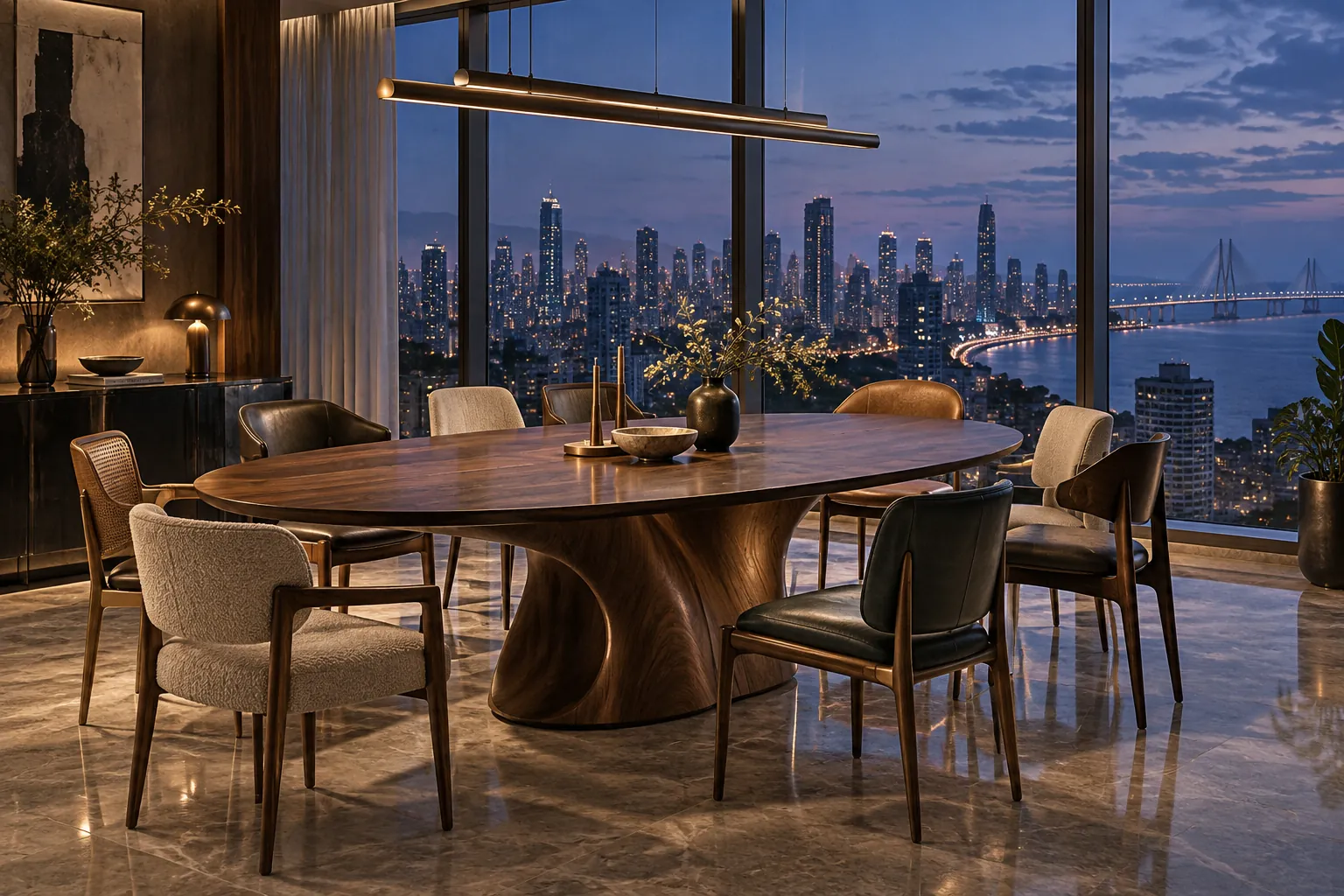 Oval custom walnut dining table in a Mumbai apartment at cool dusk