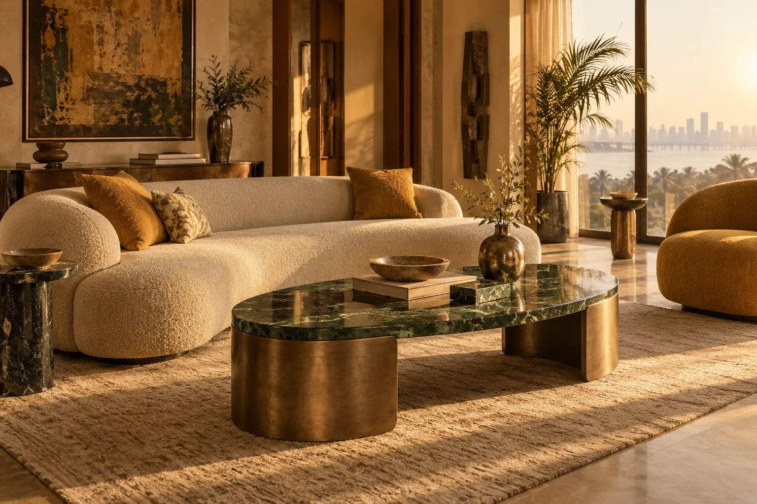 Oval green stone coffee table in a warm Mumbai living room