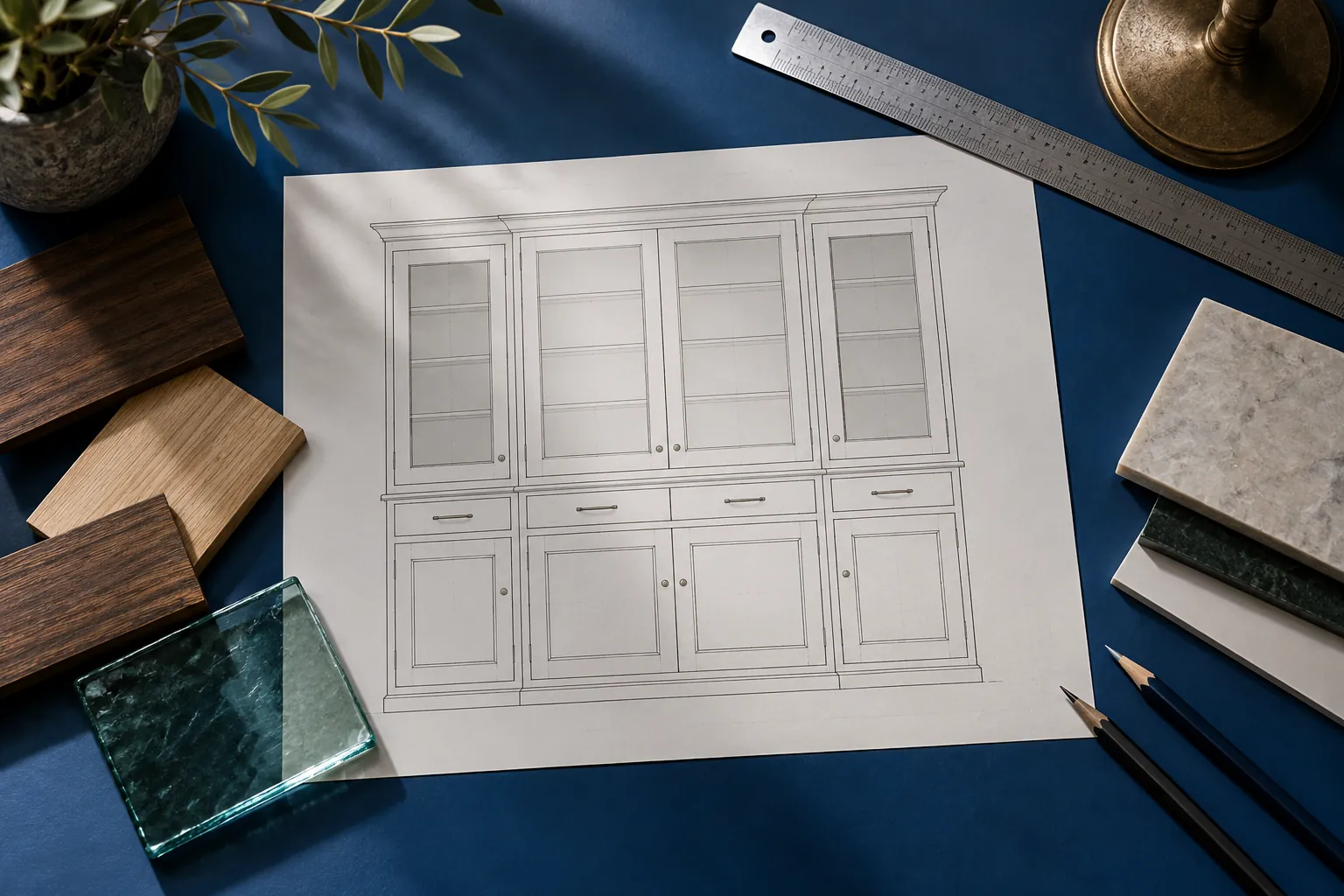 Overhead cobalt joinery bench with a cabinet drawing, ruler, glass and wood samples