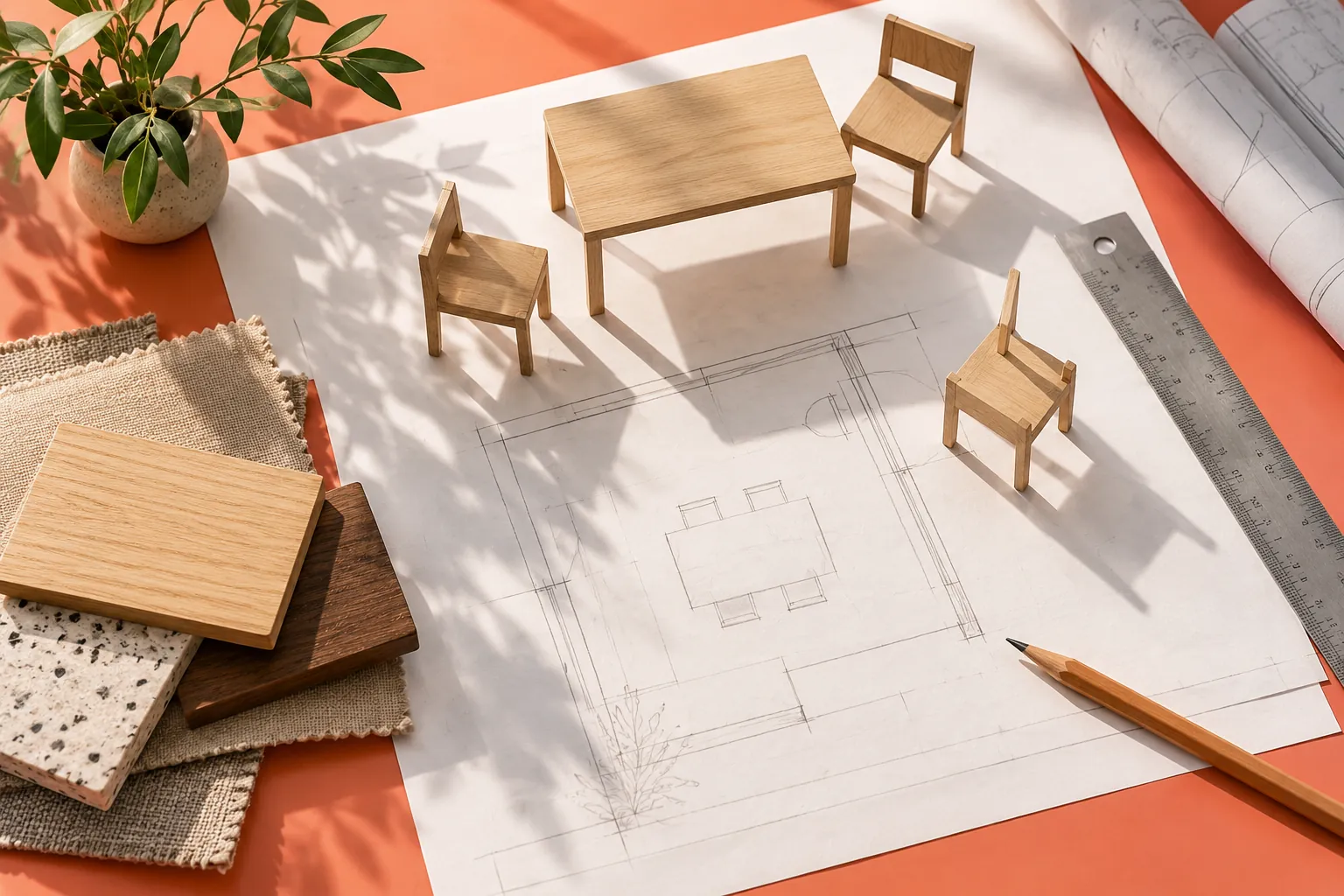 Overhead coral drafting desk with miniature seat blocks and a steel ruler