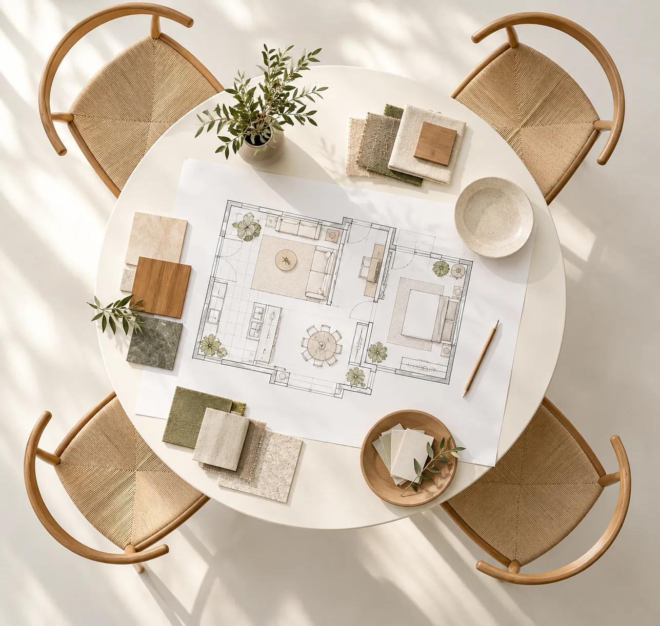 Overhead dining-layout concept with a round white table, woven chairs and planning materials