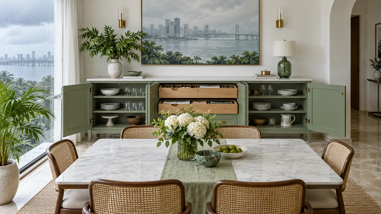 Pale sage custom sideboard open in a bright Mumbai room