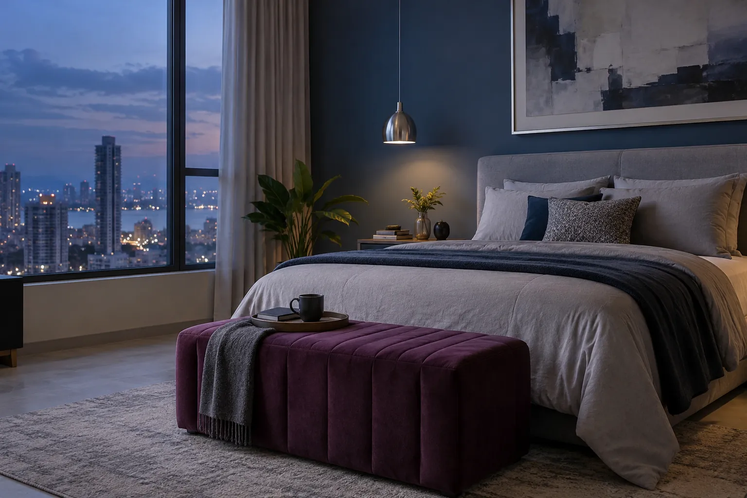 Plum upholstered bench at the foot of a bed in a twilight Mumbai bedroom