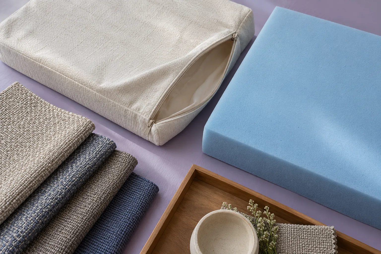 Removable cushion cover foam insert and fabric swatches on lavender