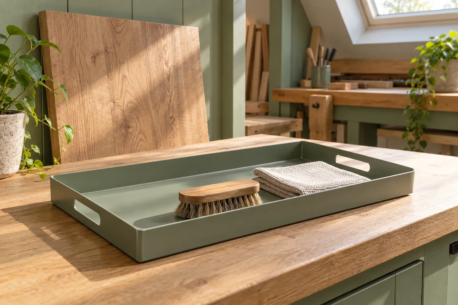 Removable shoe tray with a brush and dry cloth on a sage workshop bench