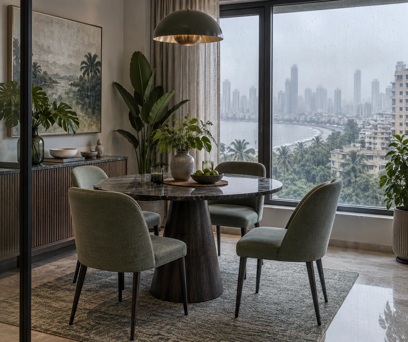 Round dining table beside a monsoon-lit Mumbai window
