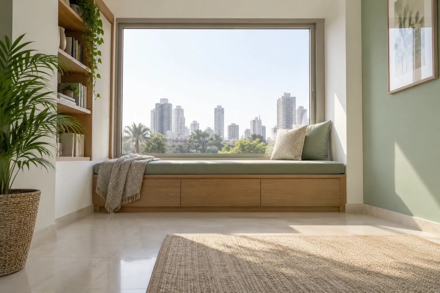 Sage upholstered window seat with timber storage in a bright apartment