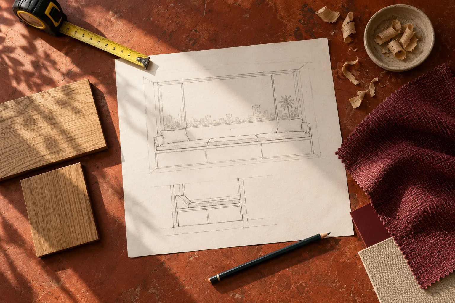 Seat elevation sketch with wood samples and burgundy upholstery