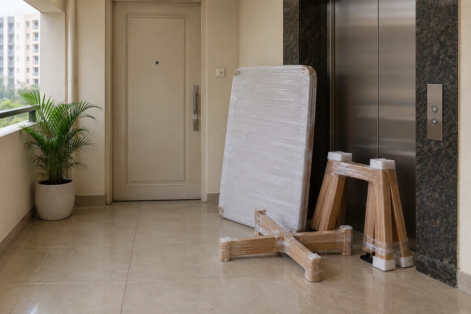 Separate wrapped tabletop and base components beside an apartment lift