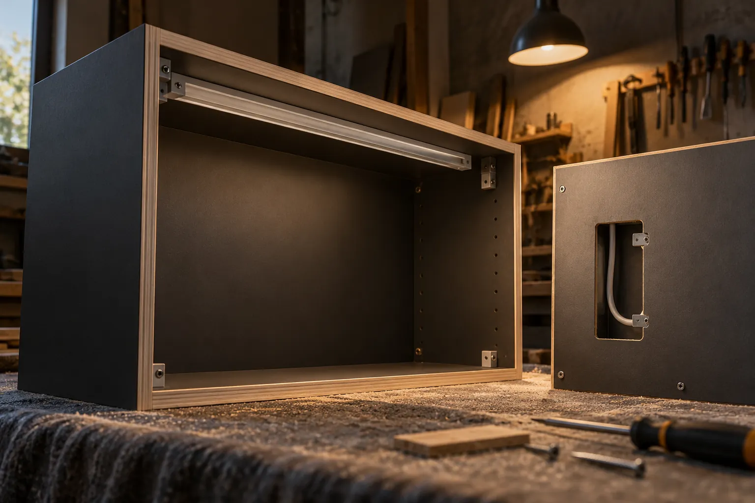 Shallow cabinet carcass showing service access in a charcoal workshop