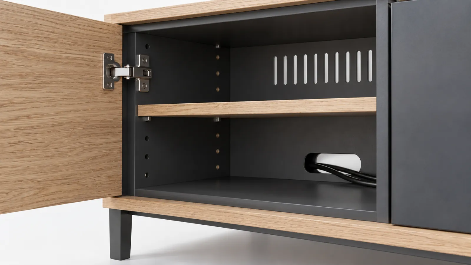 Sideboard hinge, ventilated back, cable opening and shelf detail