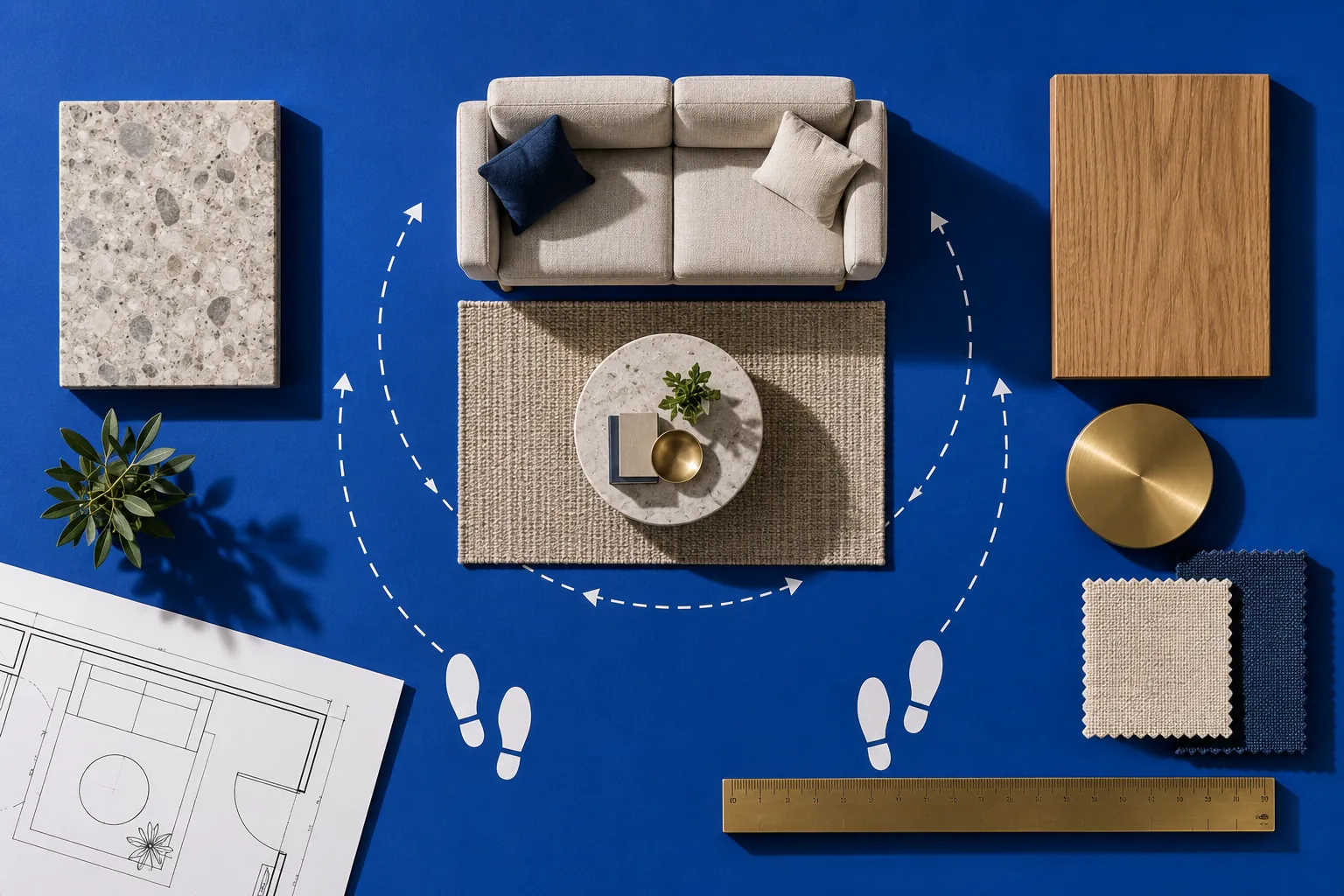 Sofa and coffee table templates with circulation arcs on a plan