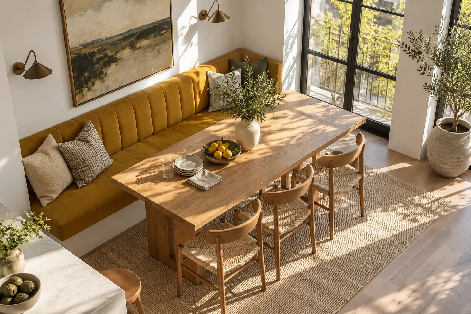 Straight mustard banquette beside an oak table in a bright apartment corner