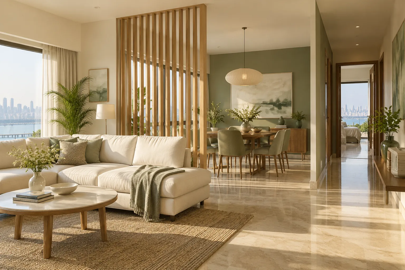 Sunlit living room with a cream sofa and vertical wood-slat divider beside a dining area.
