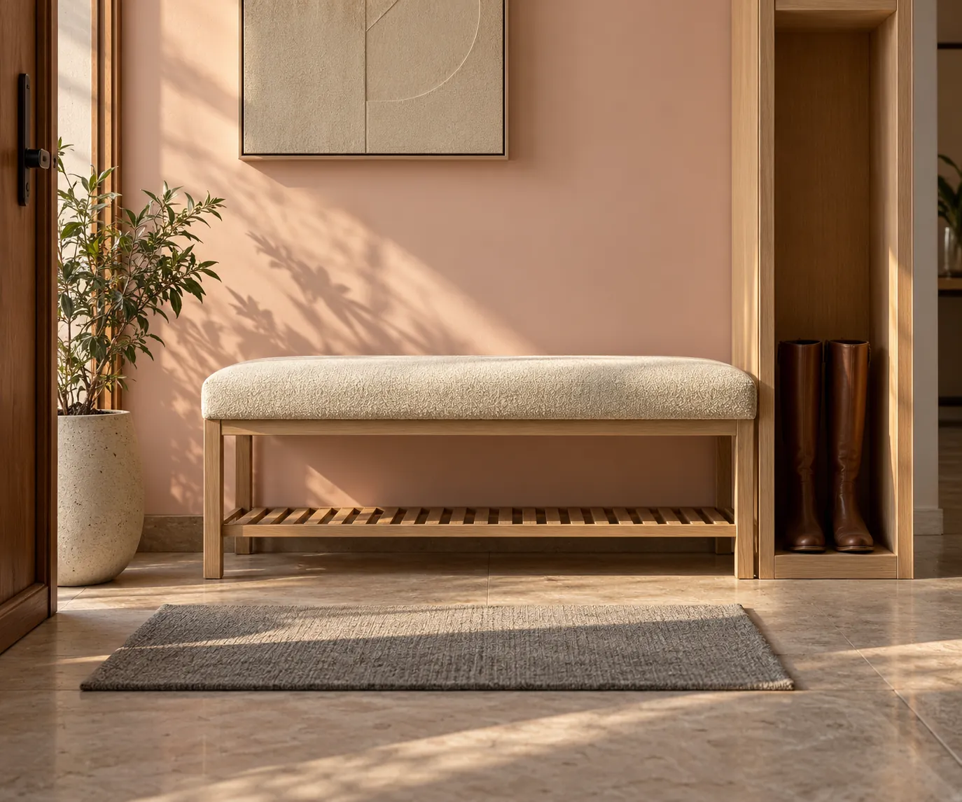 Sunlit upholstered entry bench beside boots in a tall storage niche