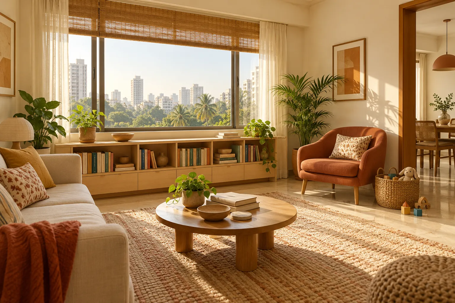 Sunny Mumbai living room with low birch bookshelves and a reading chair
