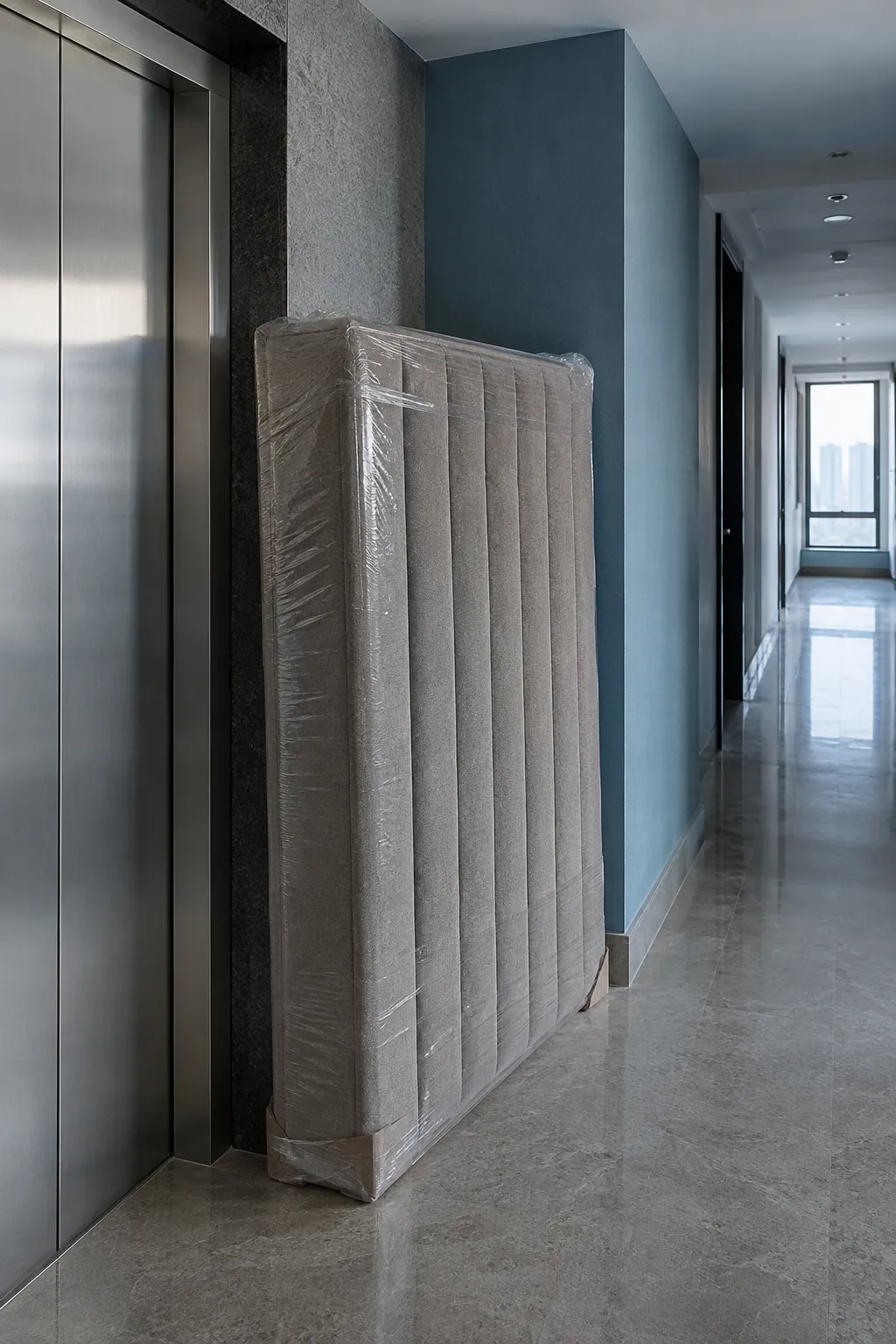 Tall upholstered panel beside lift doors during apartment delivery planning.