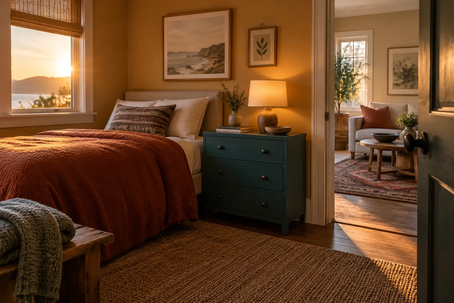 Teal drawer chest beside a bed with rust-coloured blanket at sunset
