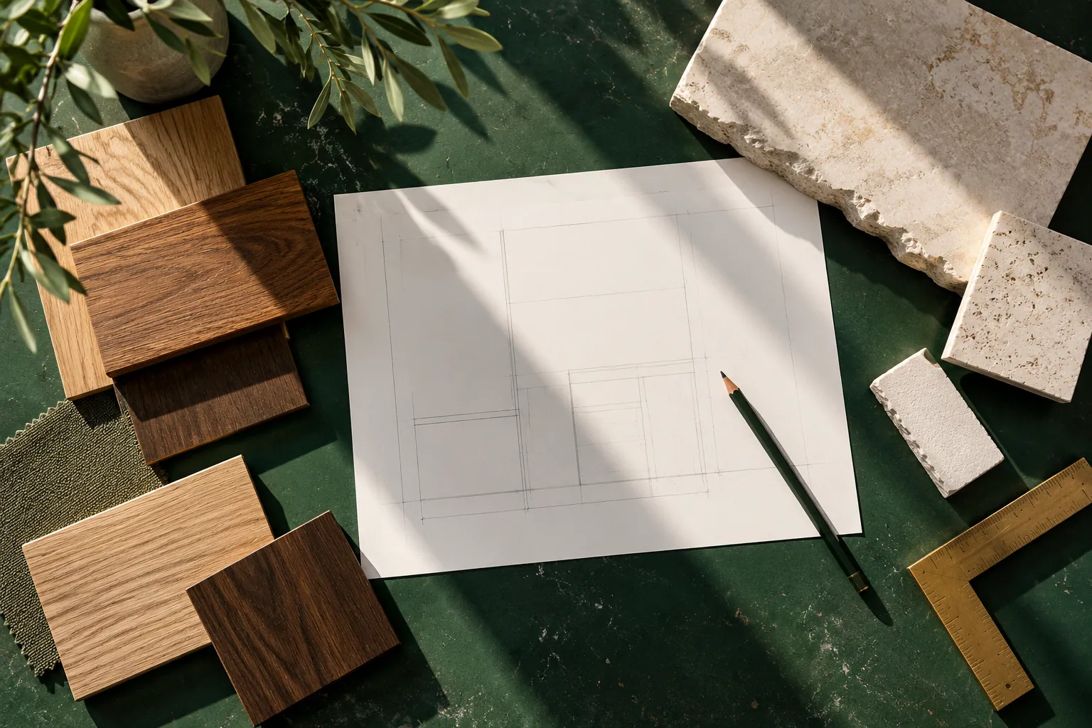 Timber and stone samples beside a blank workshop drawing