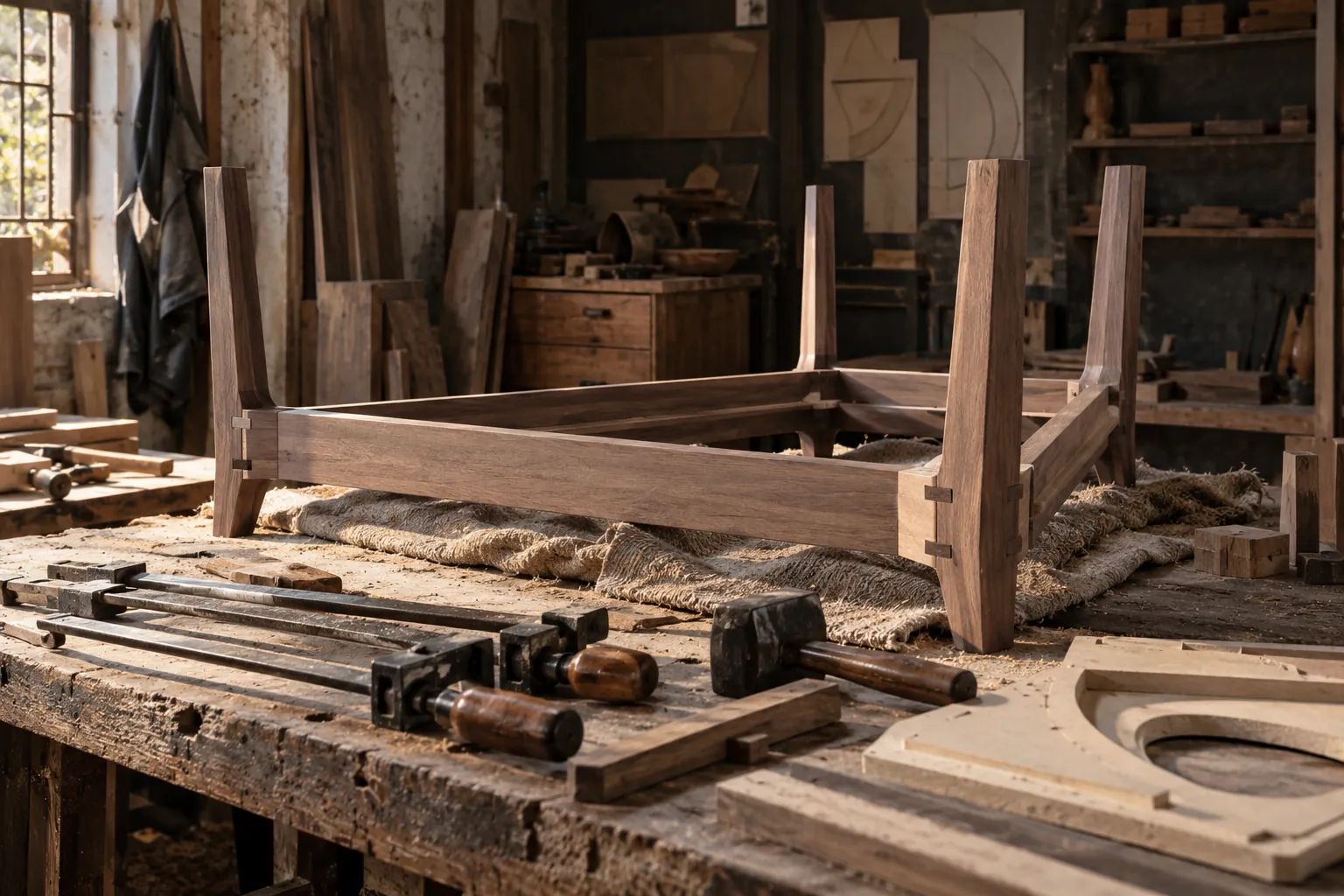 Unfinished custom coffee table frame showing workshop joinery
