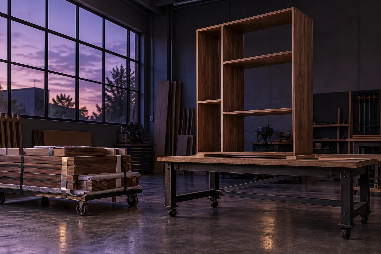 Unfinished shelving module and panel trolley in a dusk-lit workshop