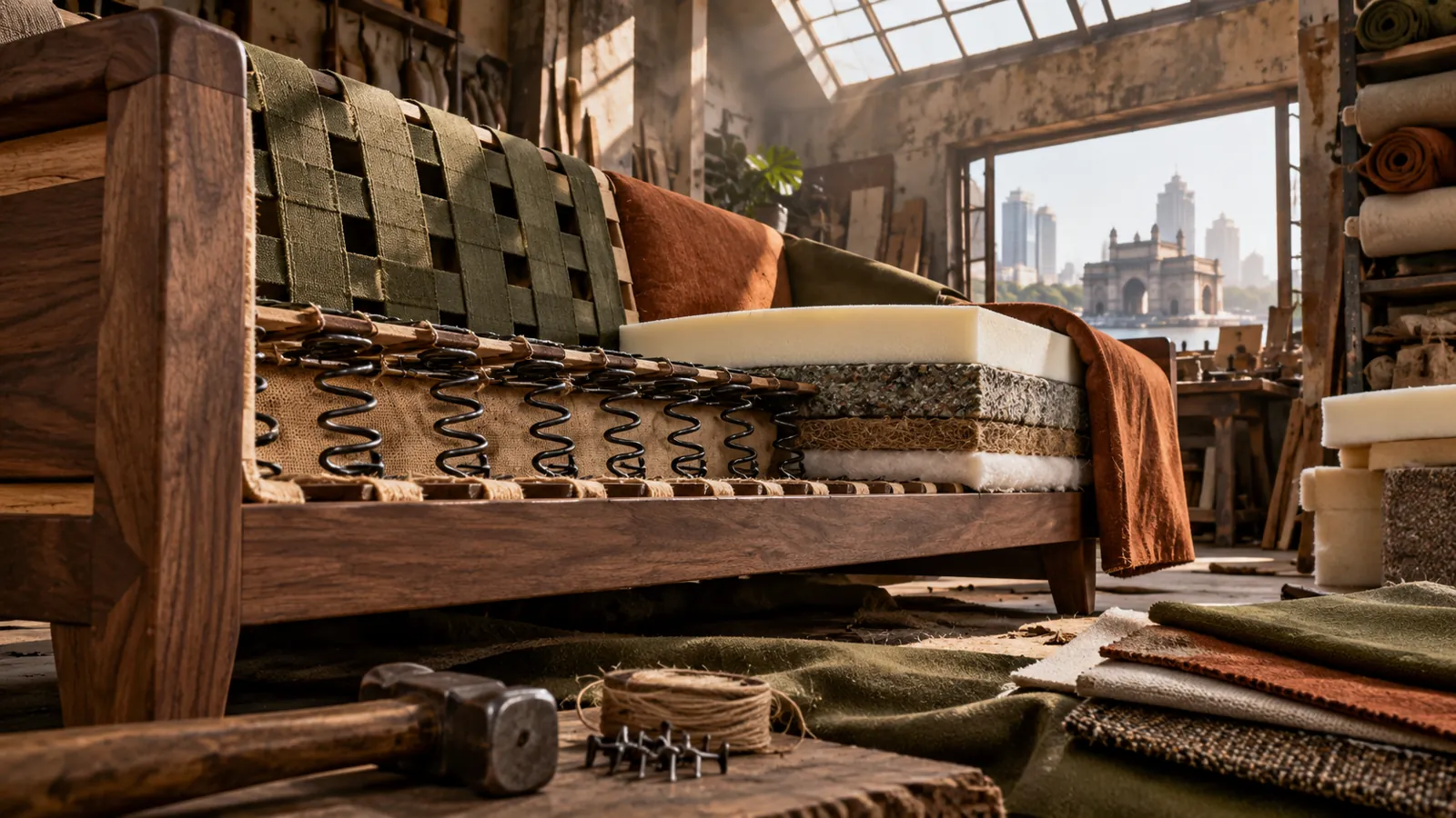 Unfinished sofa frame with support and cushion construction