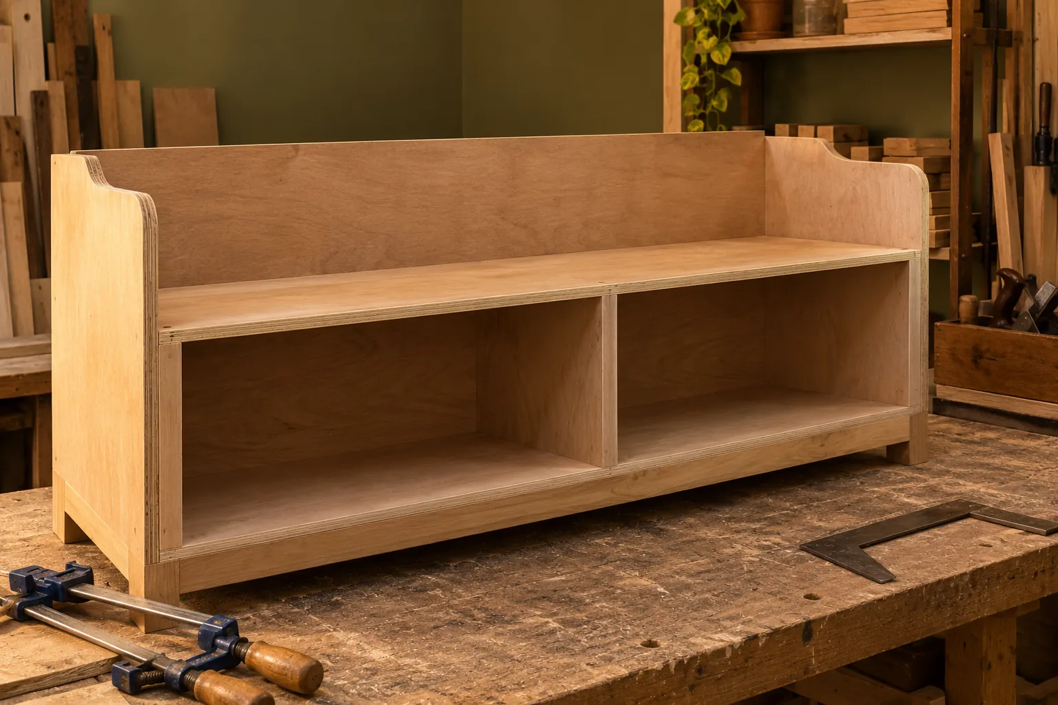 Unfinished timber seat base with open compartments in a workshop