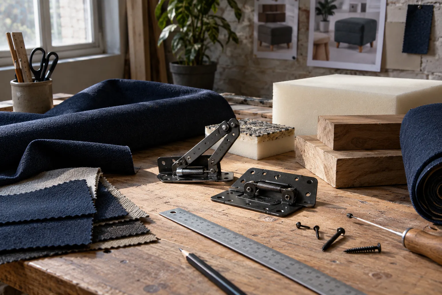 Upholstery workbench with blue fabric, hinges, foam and timber pieces