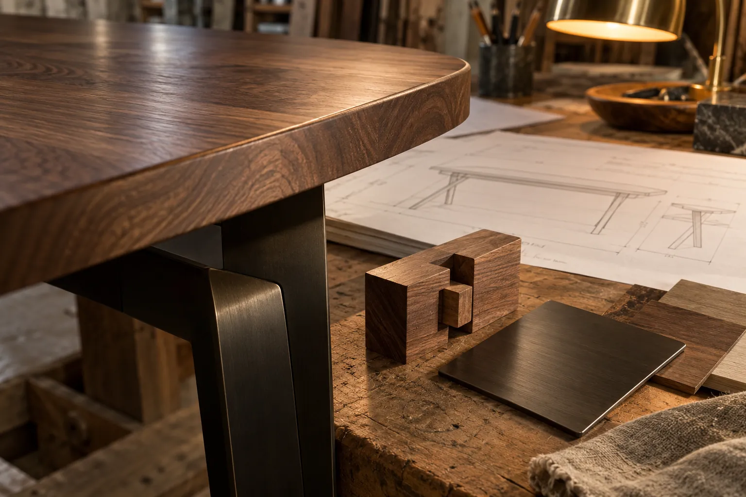 Walnut edge, joinery and metal base samples under workshop light
