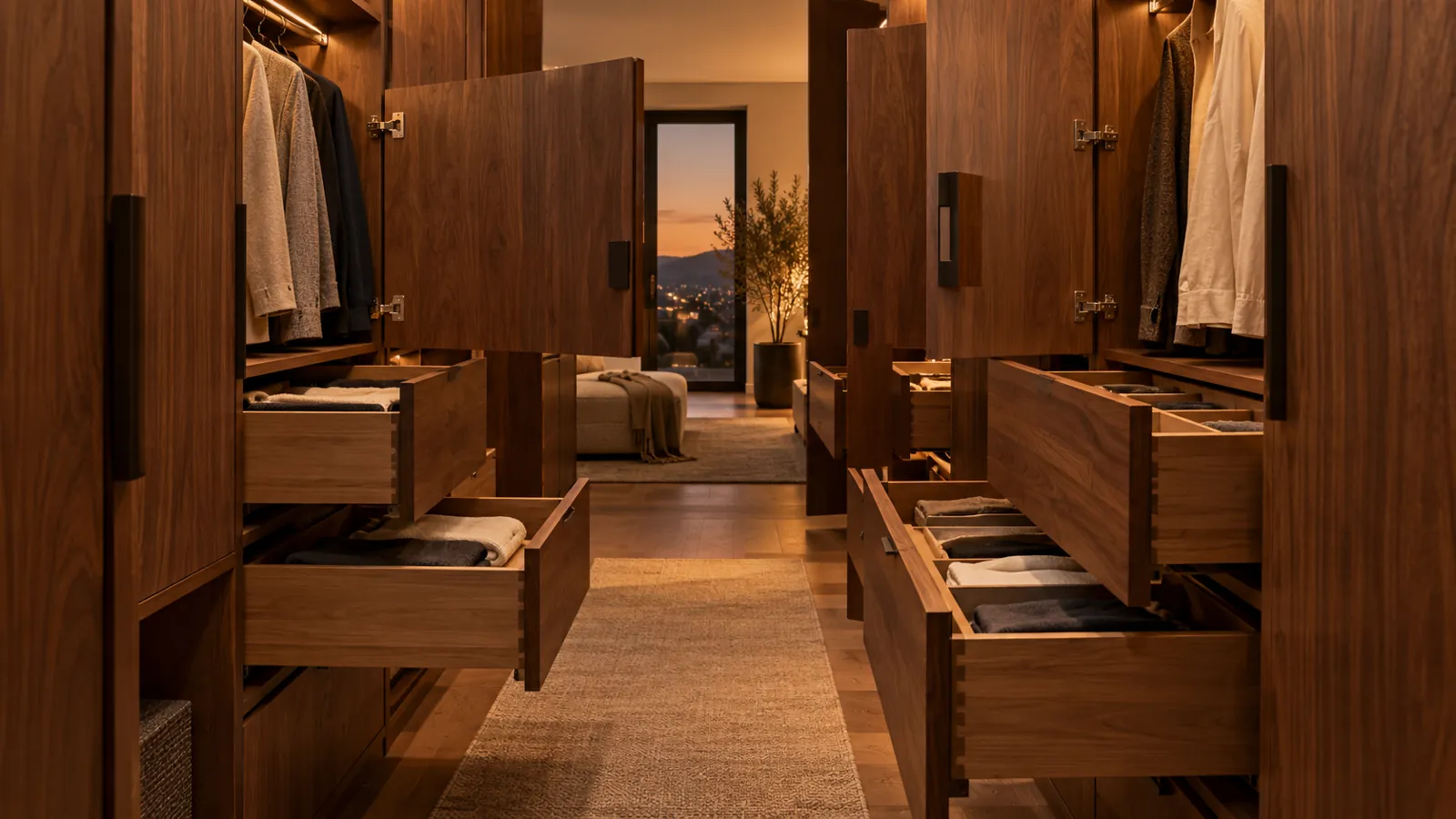 Walnut wardrobe aisle with doors and drawers fully open